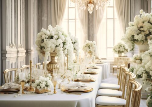 Elegancko udekorowana sala weselna z białymi kwiatami, złotymi akcentami i luksusową zastawą - idealny wybór lokalu na wesele w stylu glamour.